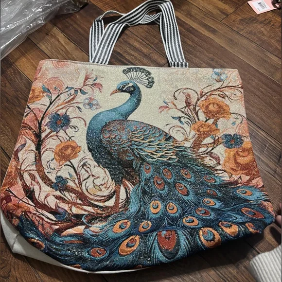 Elegant Peacock Canvas Tote Bag with Striped Handles - Picture 1 of 3